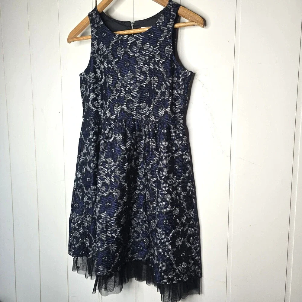 Justice‎ Lace Tulle Fit and Flare Dress Girls 14 Navy Blue Silver Holiday Party
